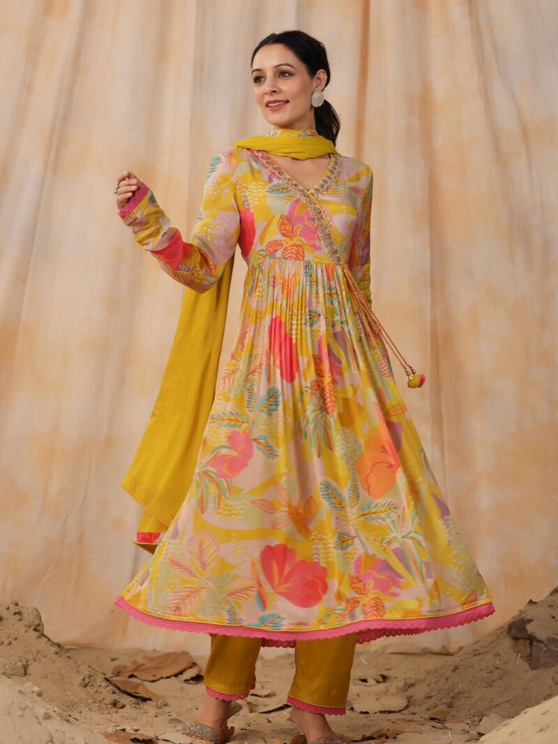 Beautiful Chinon Anarkali Suit with Beautiful Hand work on York & side Dori paired with Pant & Beautiful Dupatta